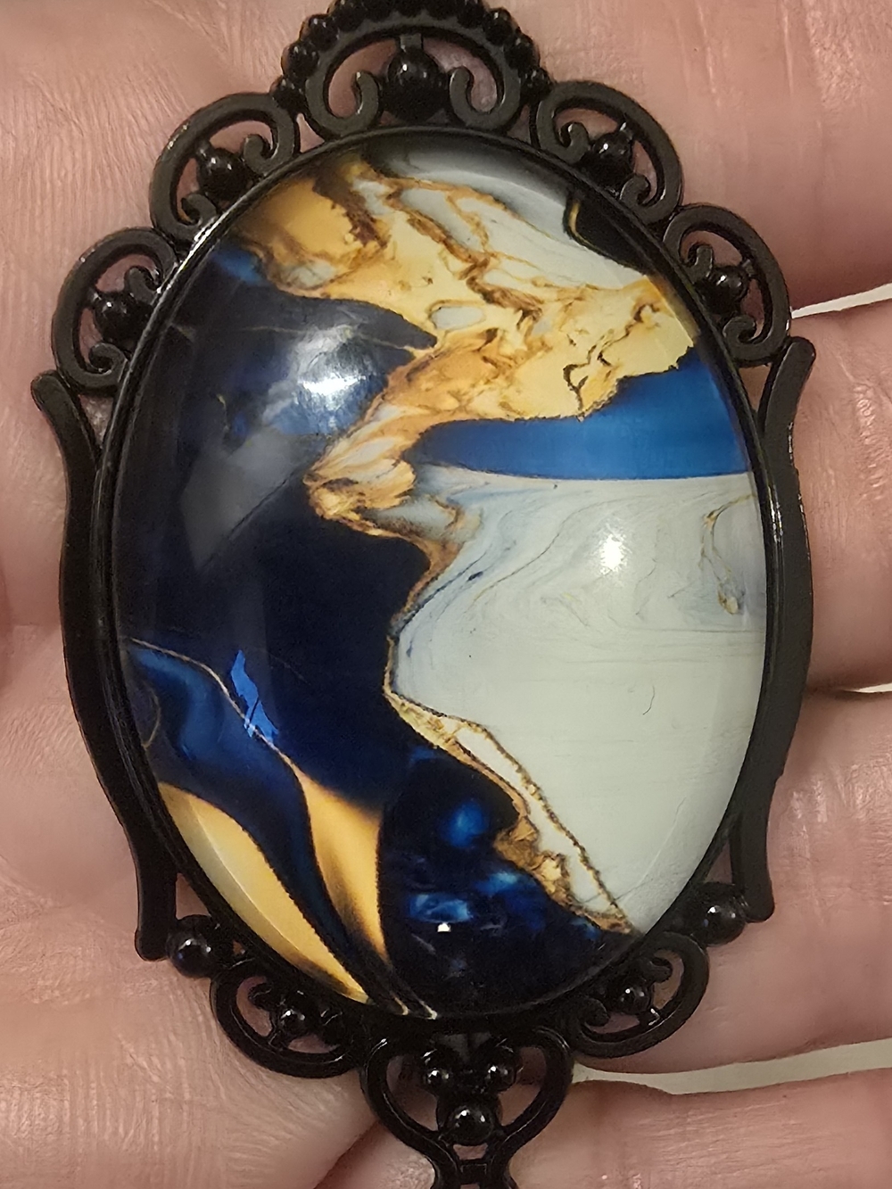 Marbled Resin Cameo Necklace Pendant in Blue, Gold & Cream